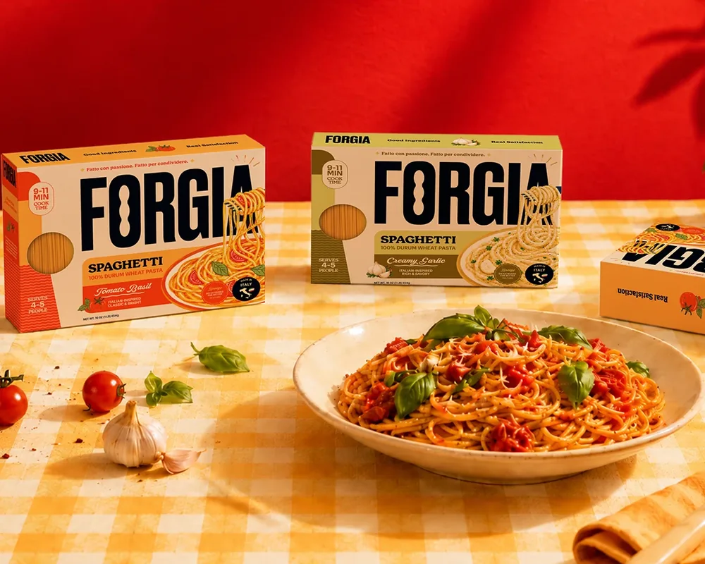 FORGIA spaghetti boxes beside a plate of pasta