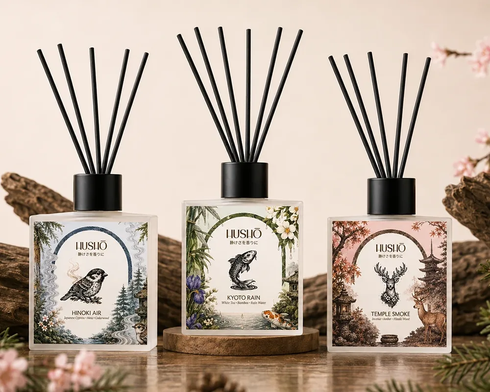 Three Hushō reed diffusers with illustrated labels