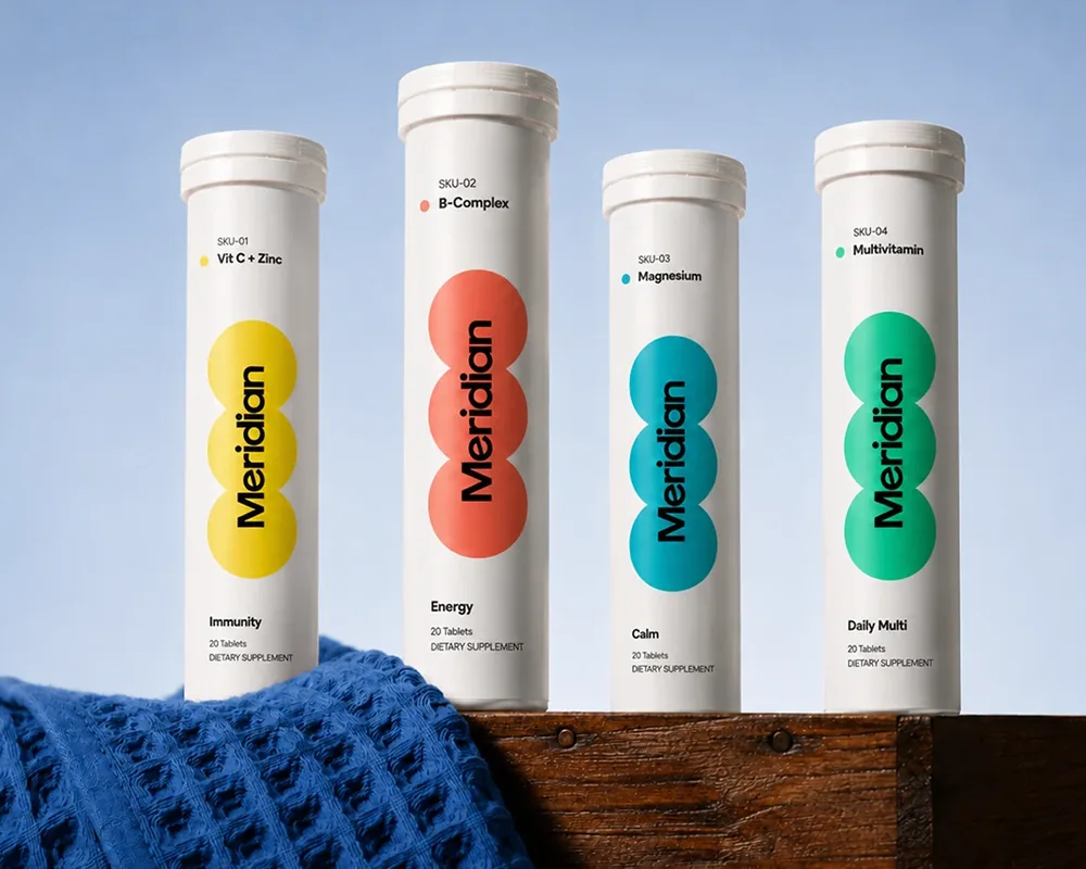 Meridian vitamin tubes in yellow, coral, teal and green