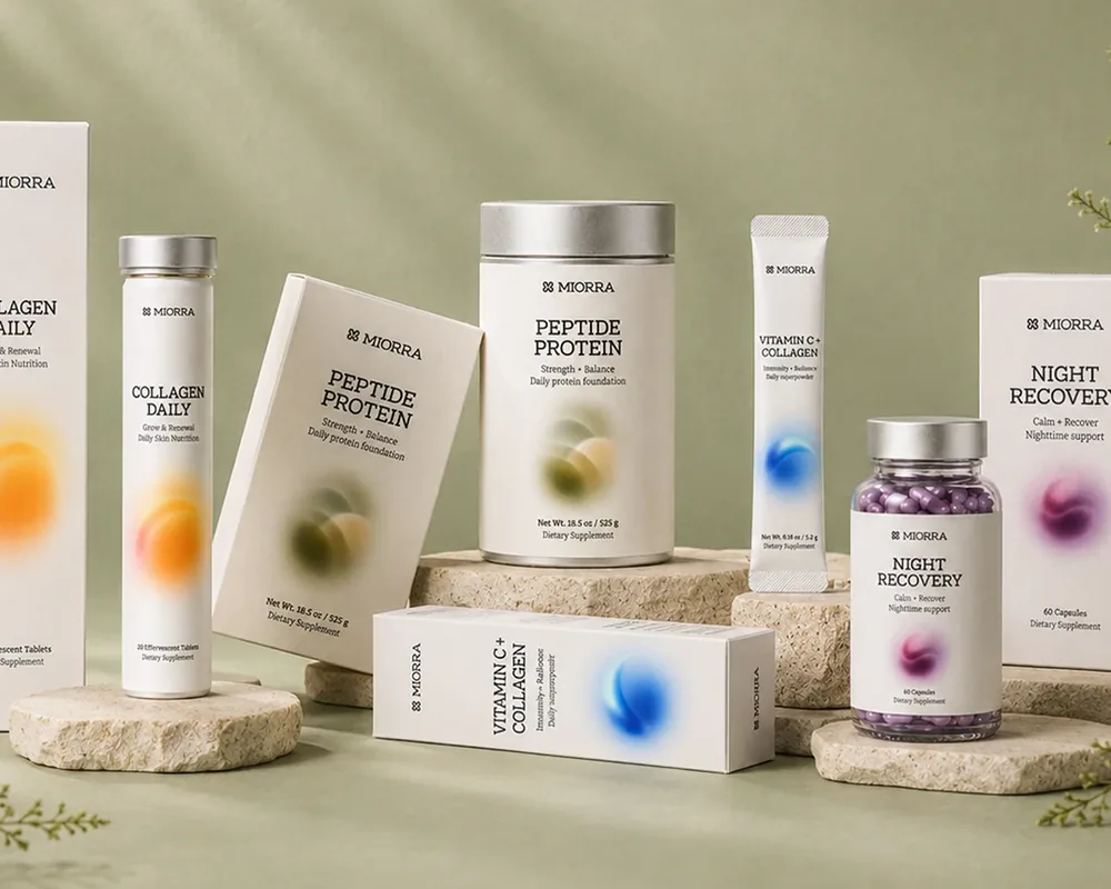 Miorra supplement jars, tubes and boxes on stone