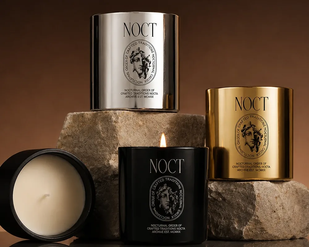 NOCT candles in silver, gold and black tins on stone