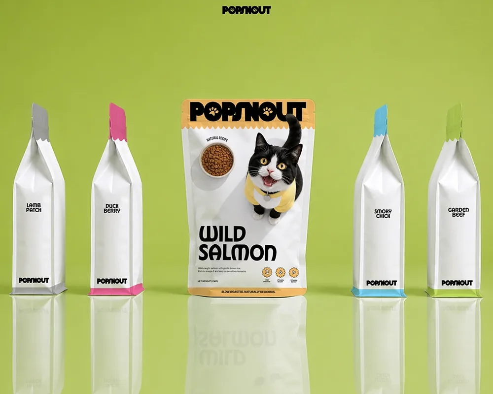 POPSNOUT wild salmon cat food pouch on green